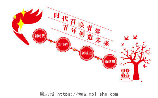 红色大气新时代中国特色社会主义思想楼梯文化墙青年之家青年之家文化墙